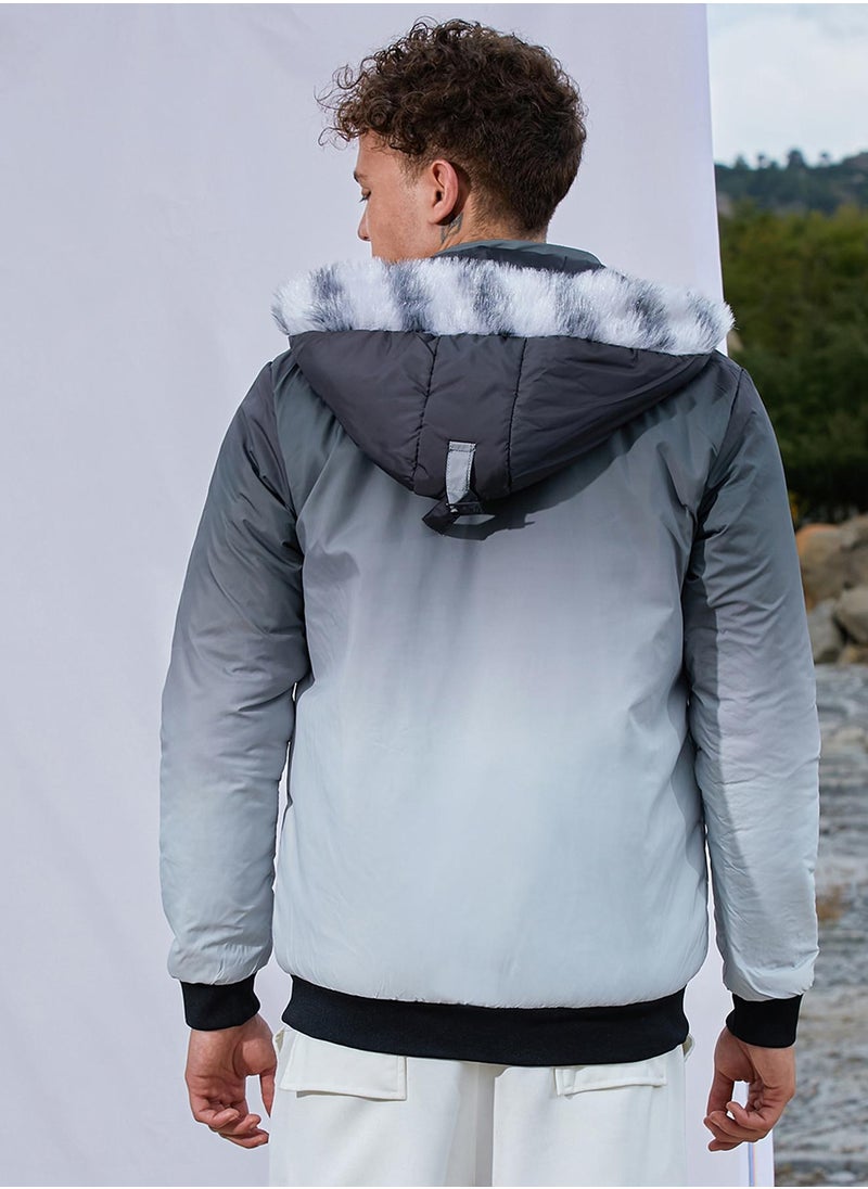Men's Charcoal Black & Light Grey Ombre Puffer Jacket With Fleece Hood