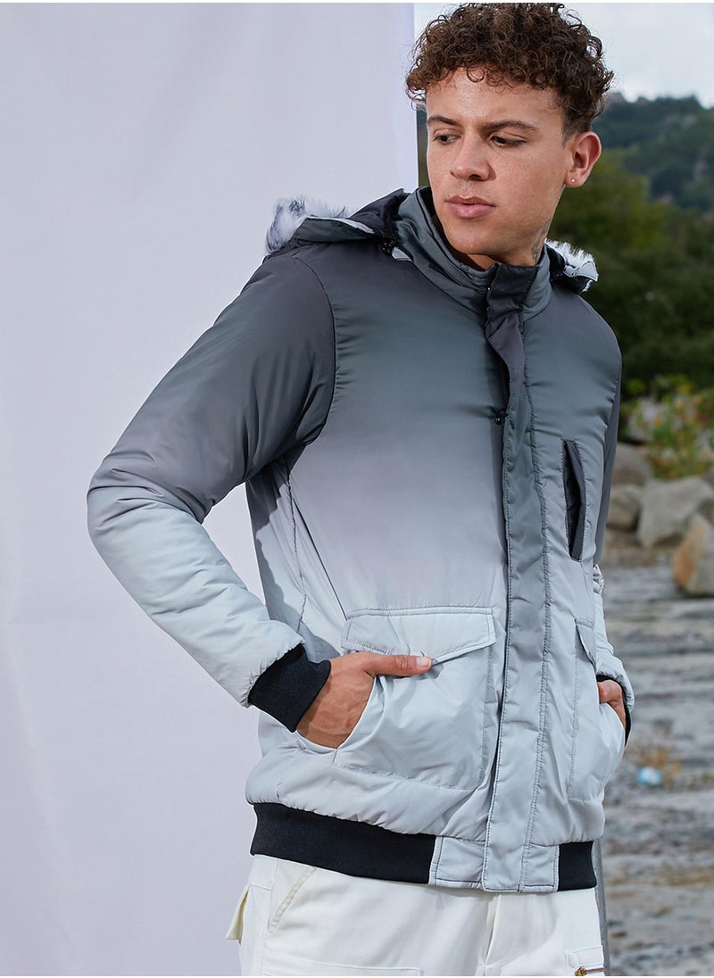 Men's Charcoal Black & Light Grey Ombre Puffer Jacket With Fleece Hood