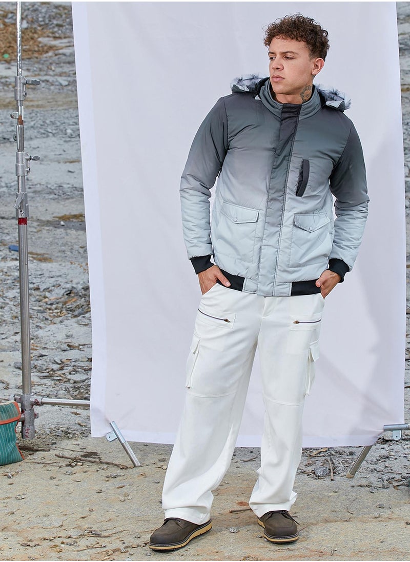 Men's Charcoal Black & Light Grey Ombre Puffer Jacket With Fleece Hood