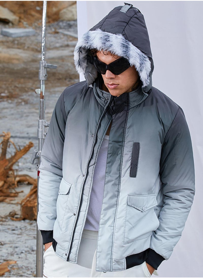 Men's Charcoal Black & Light Grey Ombre Puffer Jacket With Fleece Hood