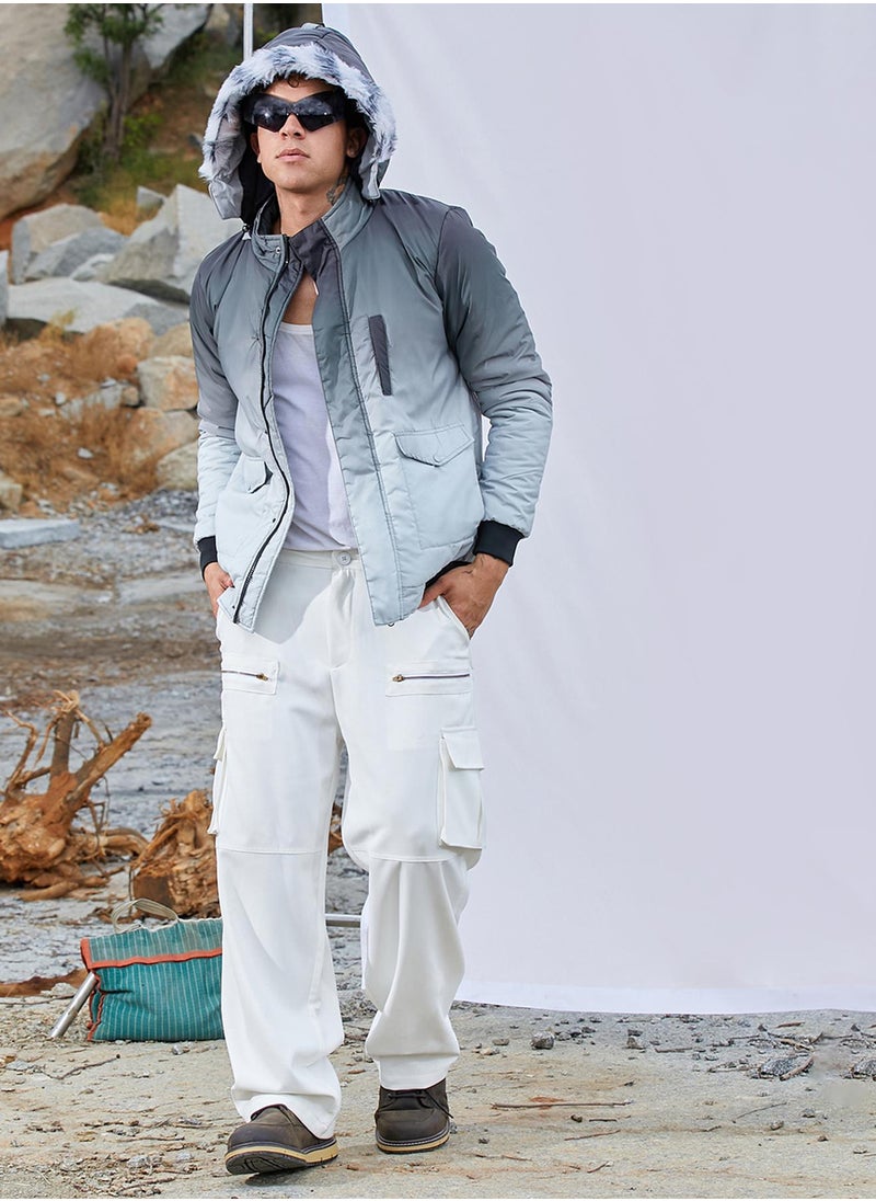 Men's Charcoal Black & Light Grey Ombre Puffer Jacket With Fleece Hood