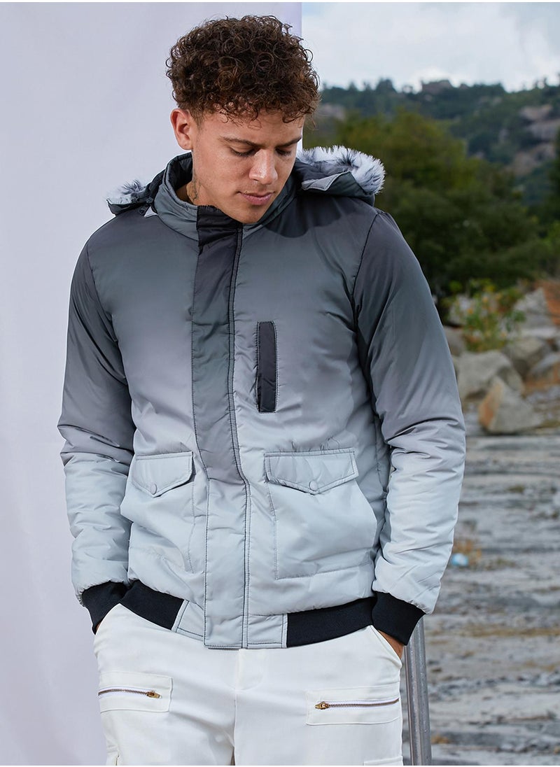 Men's Charcoal Black & Light Grey Ombre Puffer Jacket With Fleece Hood