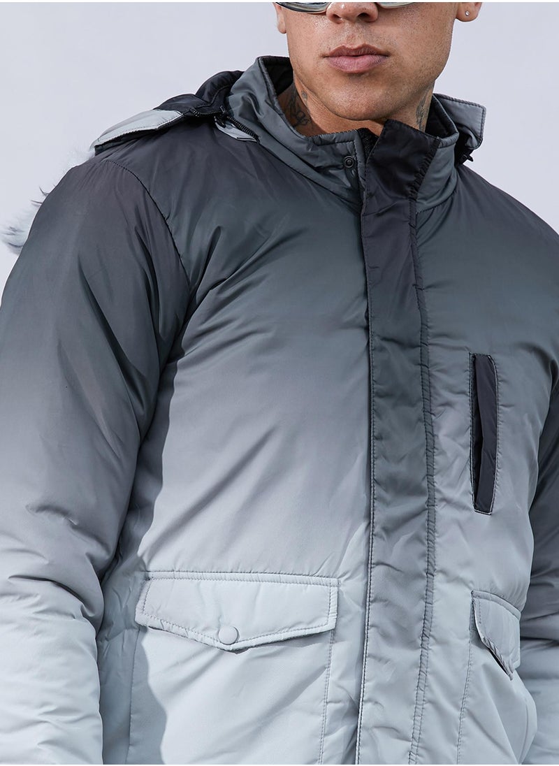 Men's Charcoal Black & Light Grey Ombre Puffer Jacket With Fleece Hood
