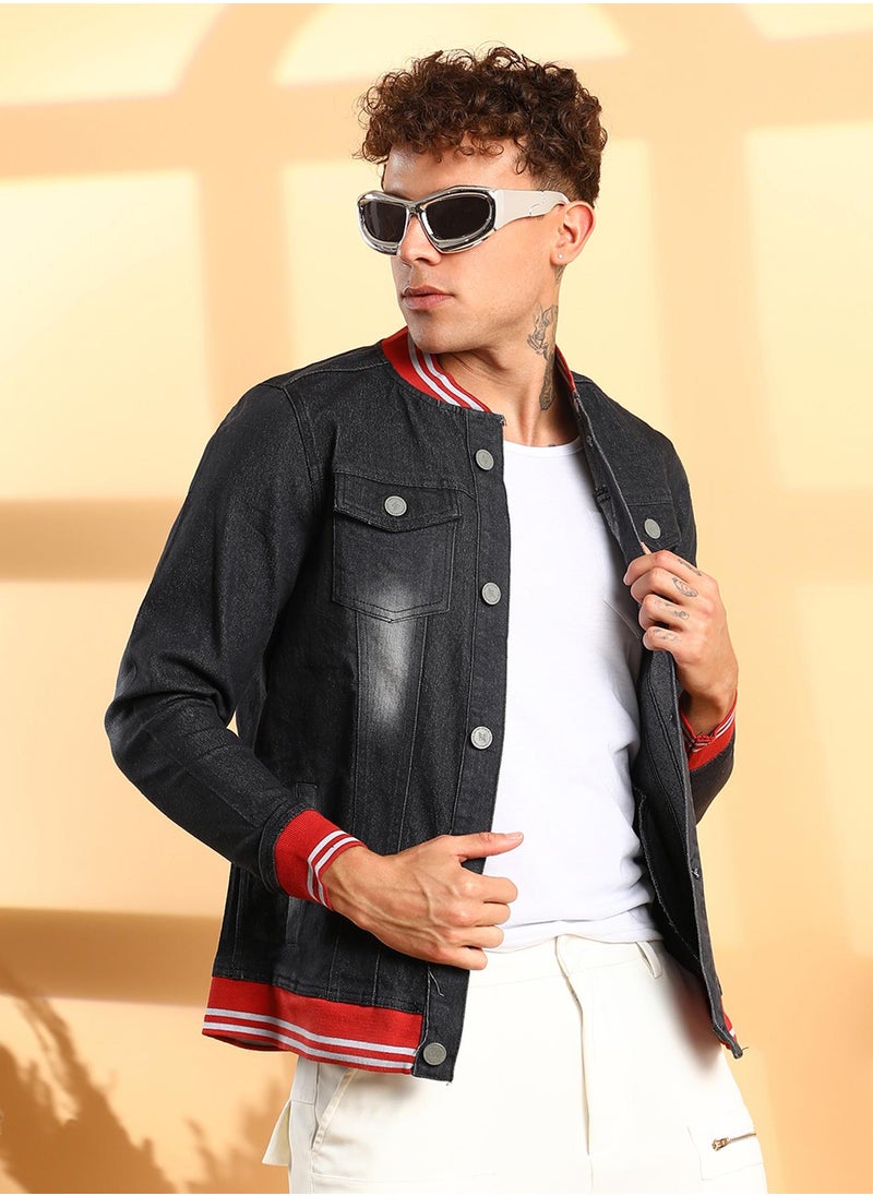 Men's Black Dark-Wash Denim Jacket With Contrast Hem