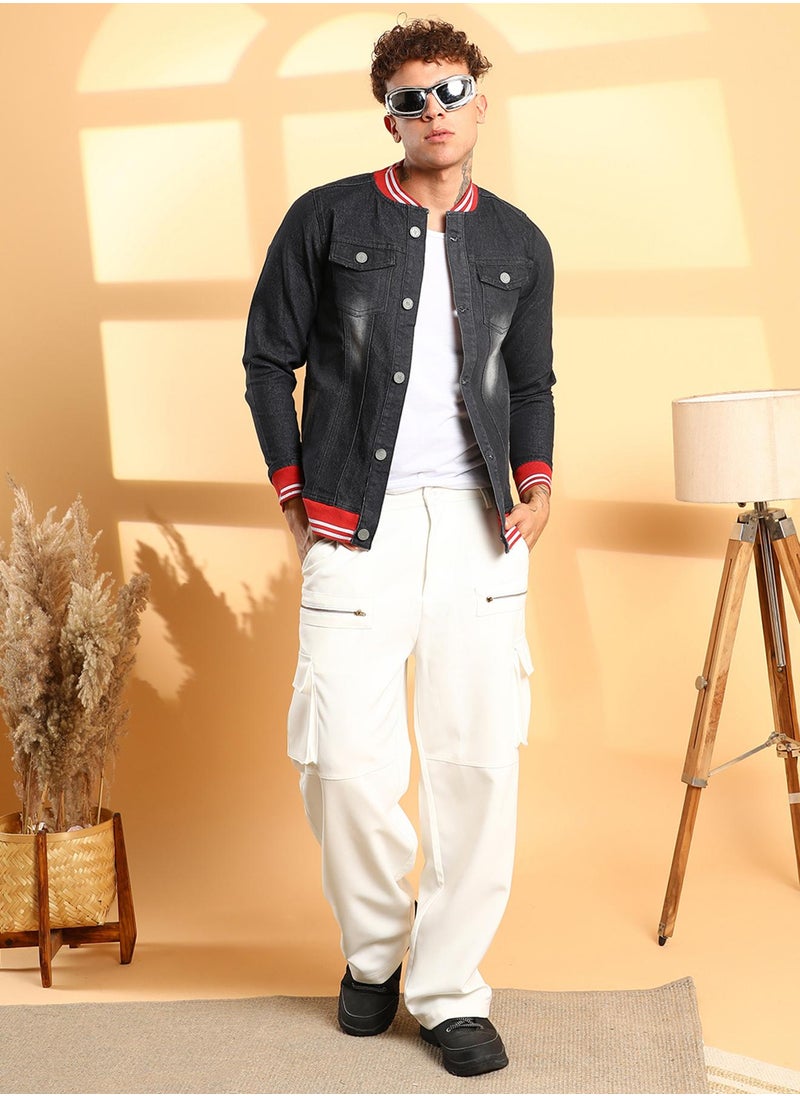 Men's Black Dark-Wash Denim Jacket With Contrast Hem
