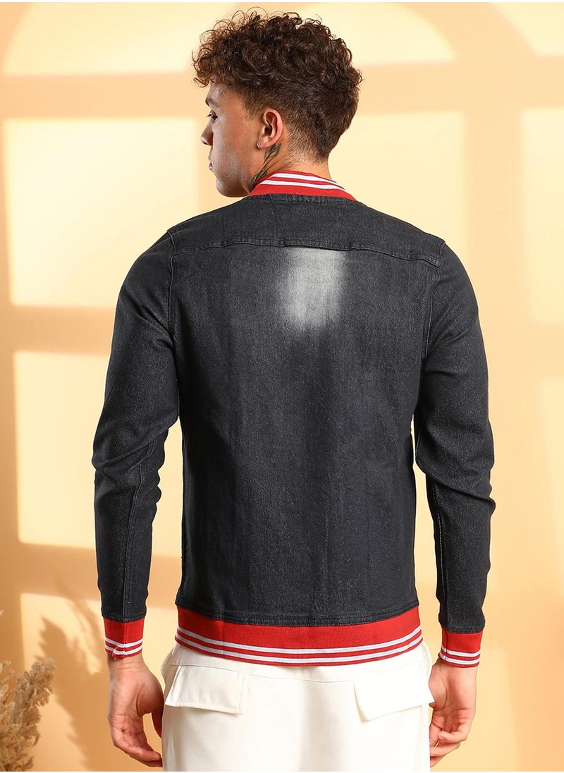 Men's Black Dark-Wash Denim Jacket With Contrast Hem