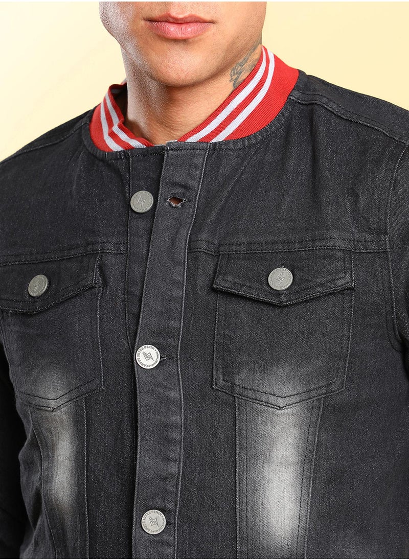 Men's Black Dark-Wash Denim Jacket With Contrast Hem