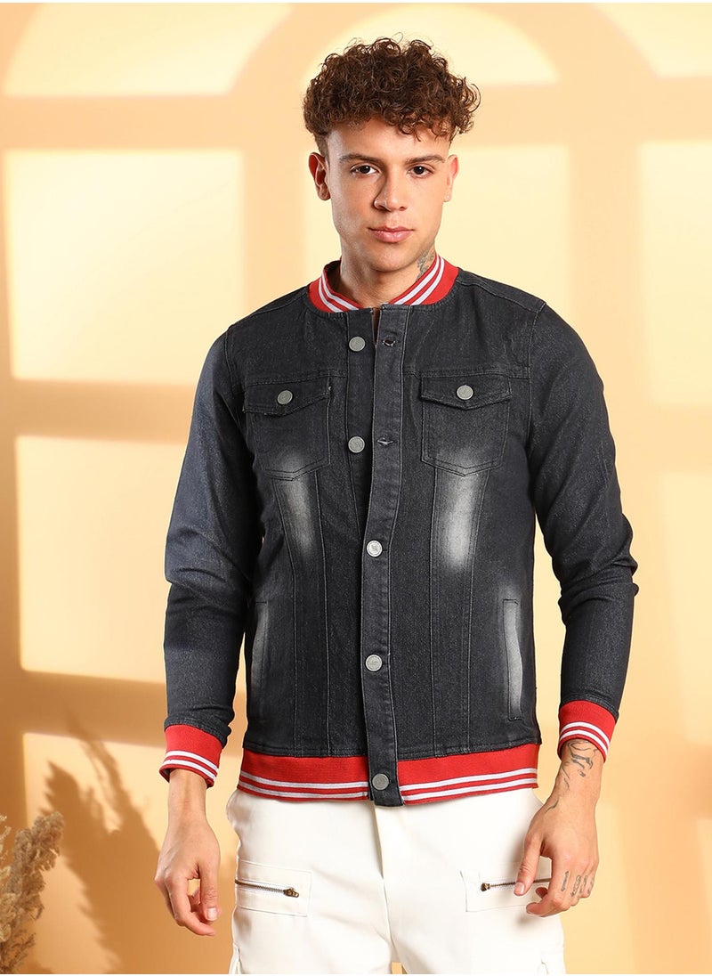 Men's Black Dark-Wash Denim Jacket With Contrast Hem