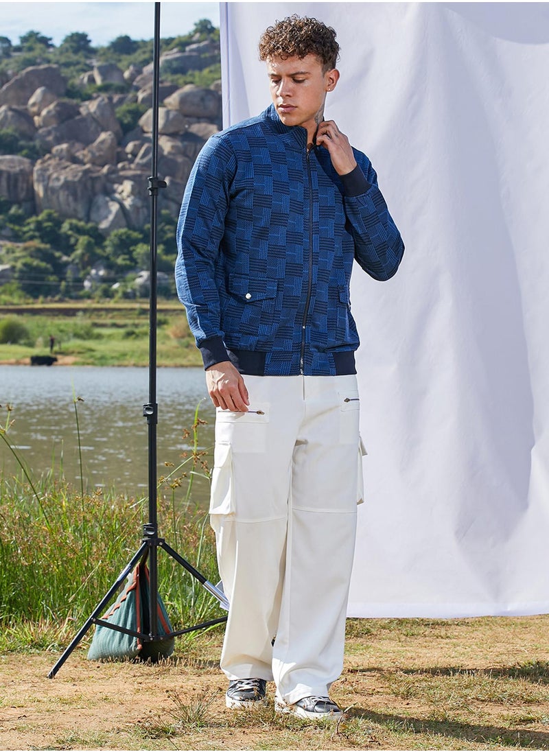 Men's Blue Textured Jacket With Flap Pocket
