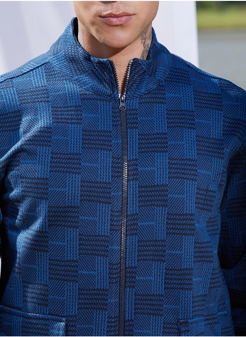 Men's Blue Textured Jacket With Flap Pocket