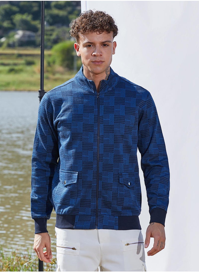 Men's Blue Textured Jacket With Flap Pocket