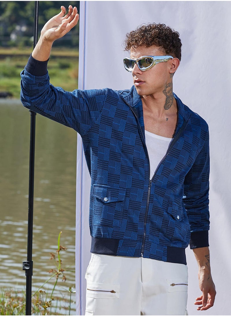 Men's Blue Textured Jacket With Flap Pocket