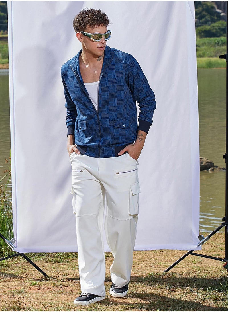 Men's Blue Textured Jacket With Flap Pocket