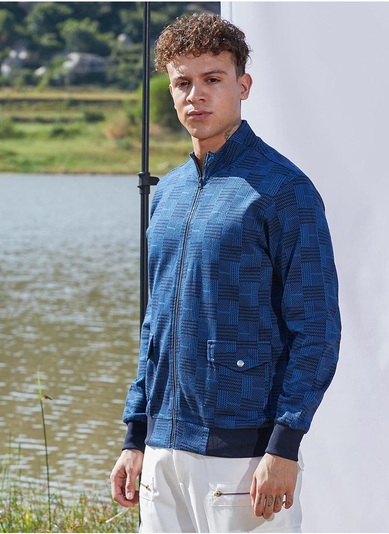 Men's Blue Textured Jacket With Flap Pocket