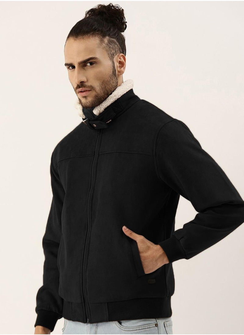 Men's Obsidian Black Fur-Lined Suede Bomber Jacket