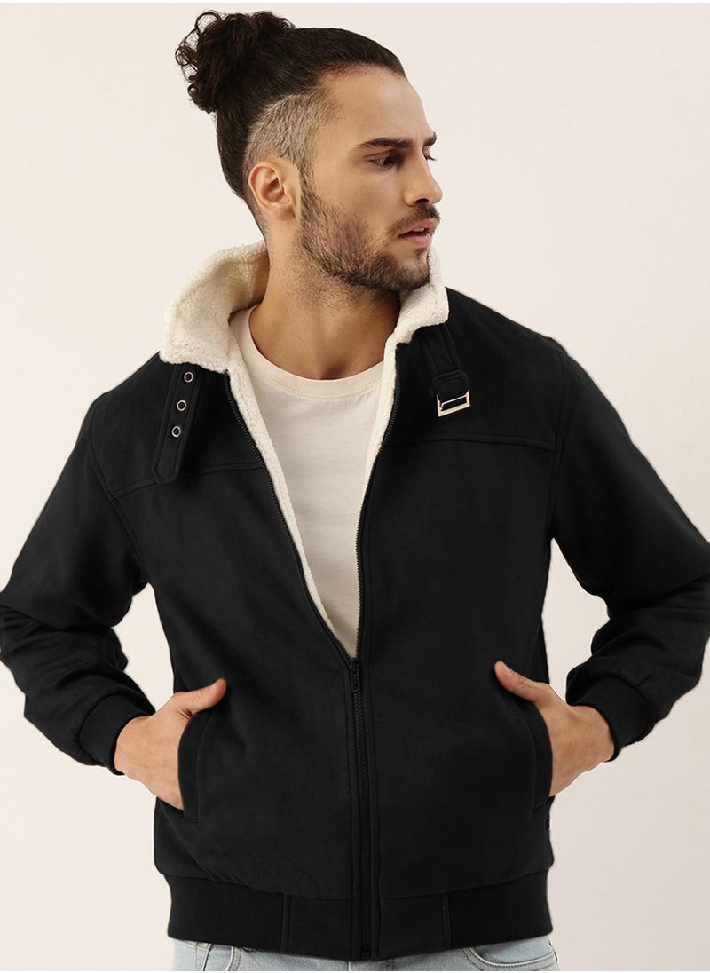 Men's Obsidian Black Fur-Lined Suede Bomber Jacket