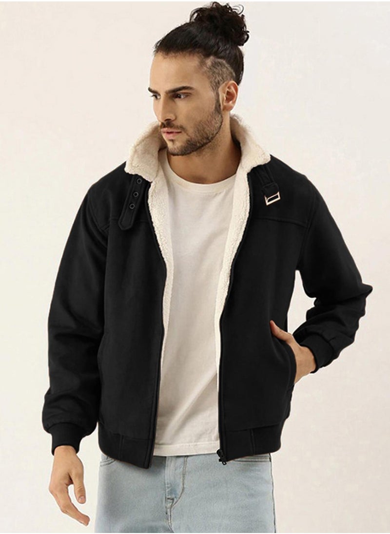 Men's Obsidian Black Fur-Lined Suede Bomber Jacket