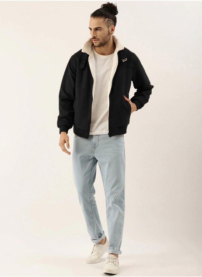 Men's Obsidian Black Fur-Lined Suede Bomber Jacket