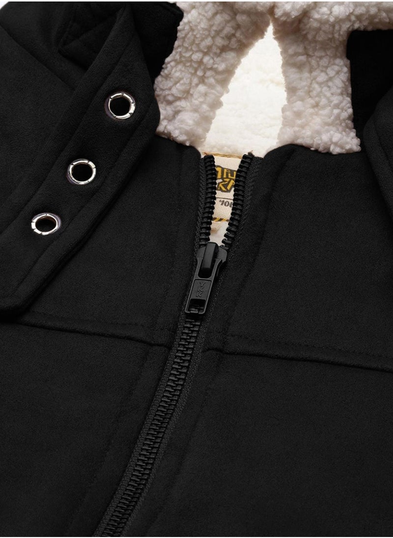 Men's Obsidian Black Fur-Lined Suede Bomber Jacket