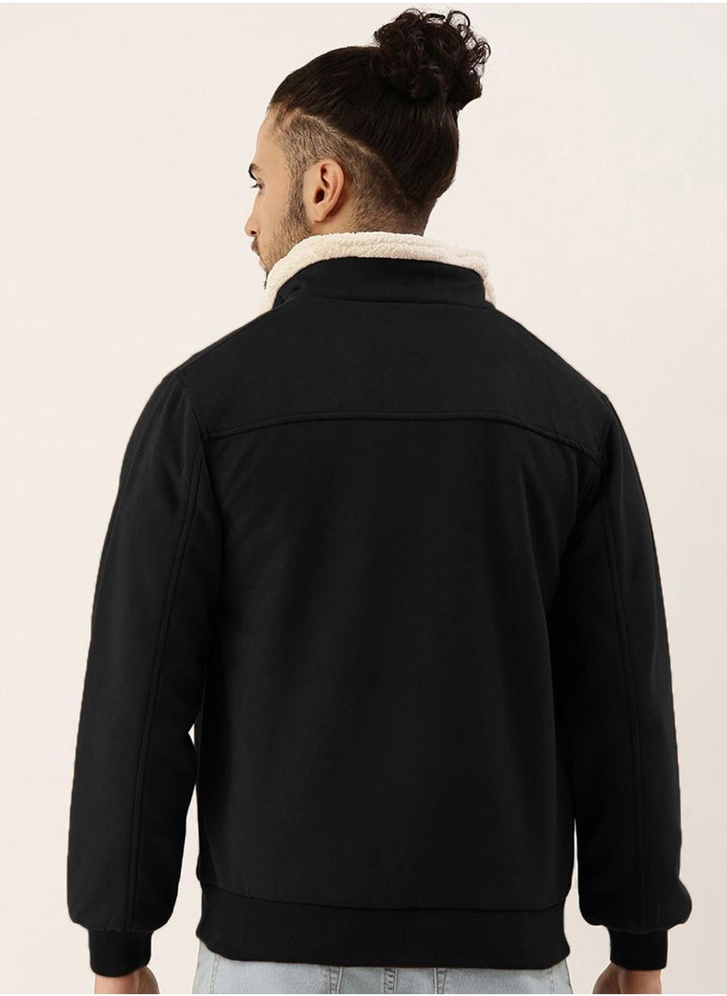 Men's Obsidian Black Fur-Lined Suede Bomber Jacket