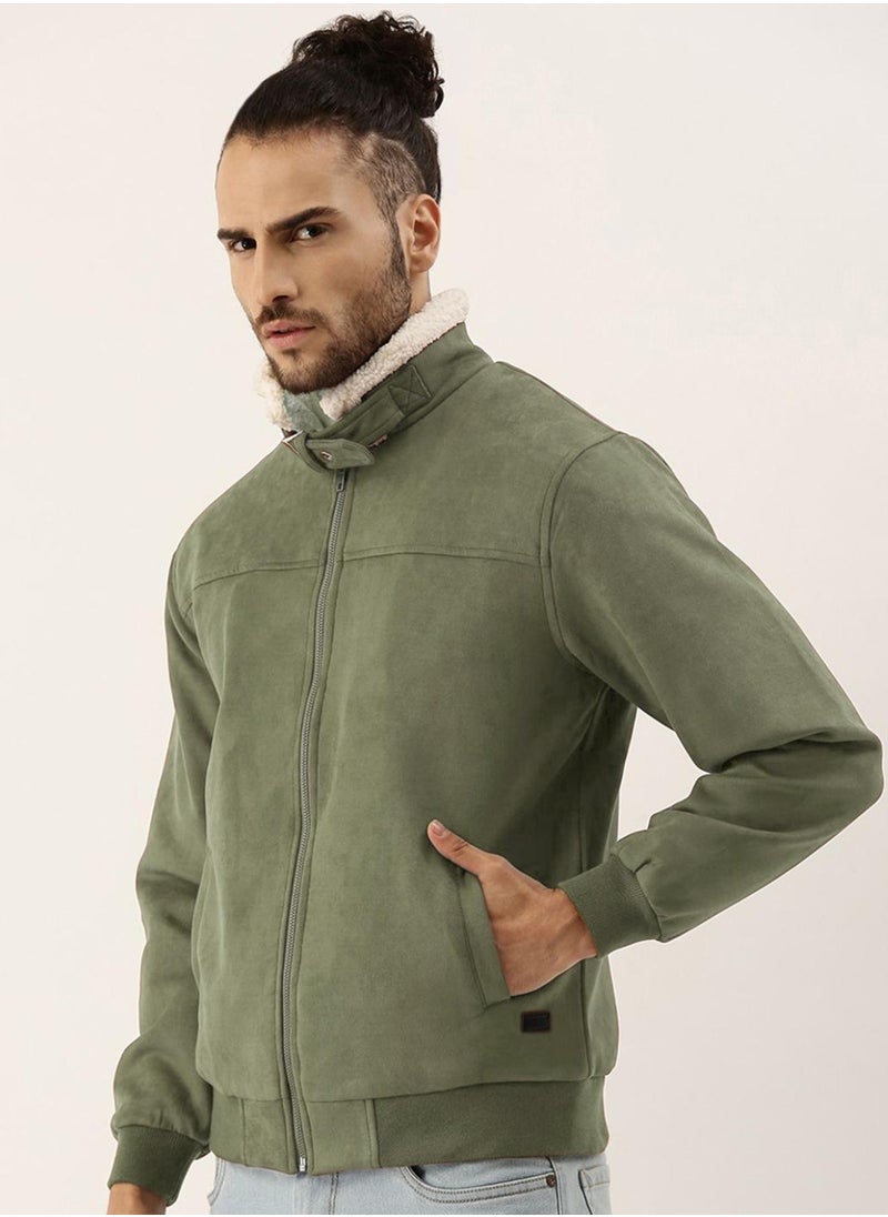 Men's Obsidian Green Fur-Lined Suede Bomber Jacket