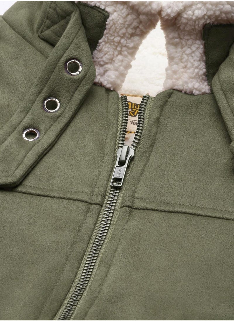 Men's Obsidian Green Fur-Lined Suede Bomber Jacket