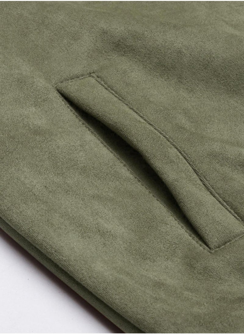 Men's Obsidian Green Fur-Lined Suede Bomber Jacket