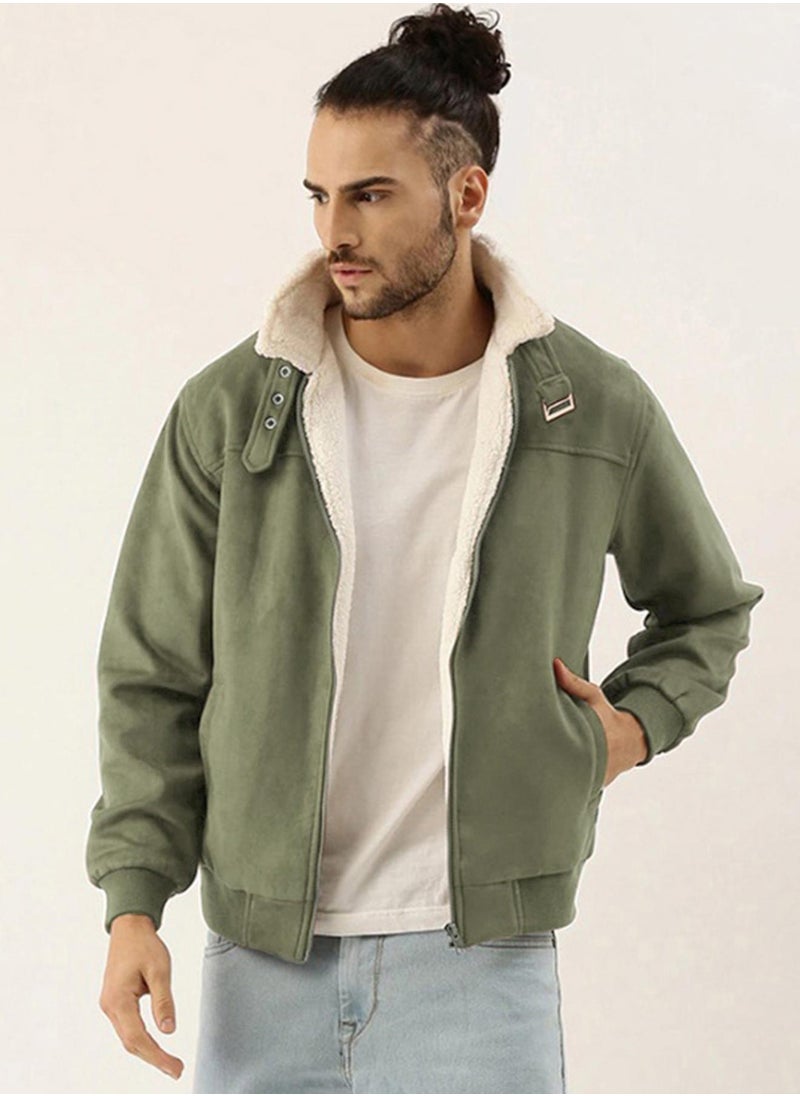 Men's Obsidian Green Fur-Lined Suede Bomber Jacket
