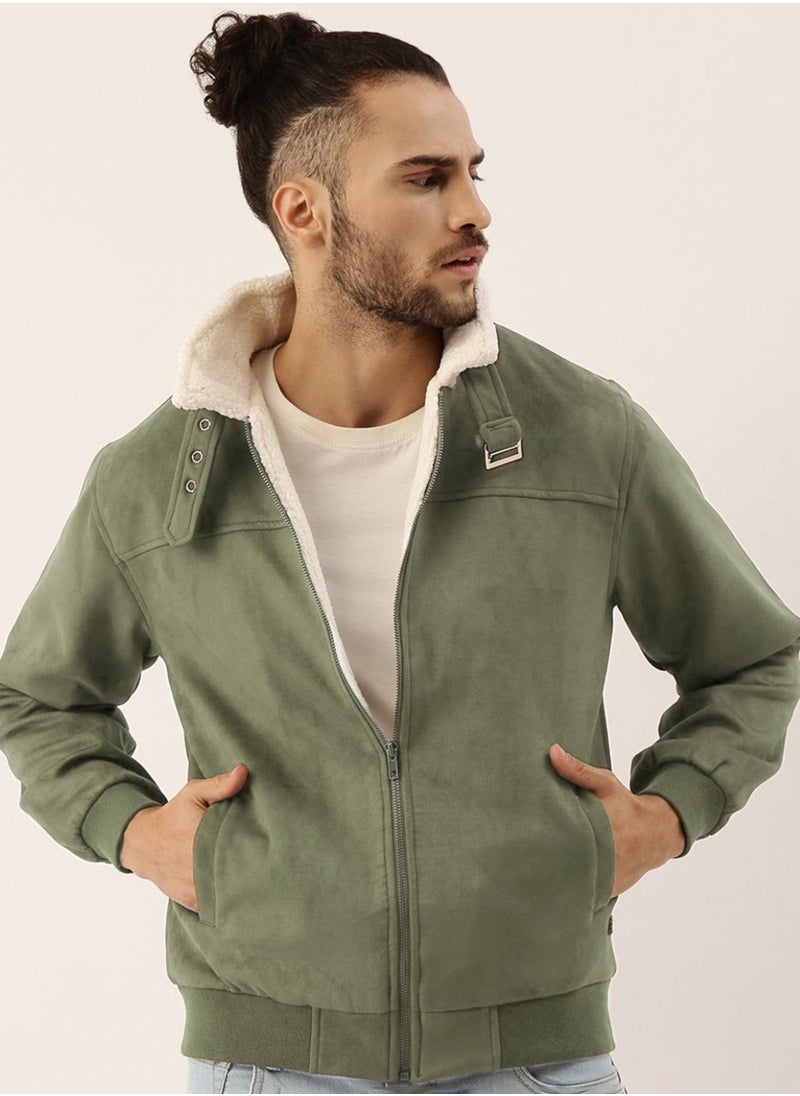 Men's Obsidian Green Fur-Lined Suede Bomber Jacket