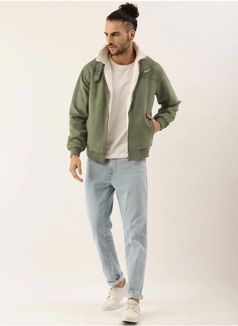 Men's Obsidian Green Fur-Lined Suede Bomber Jacket