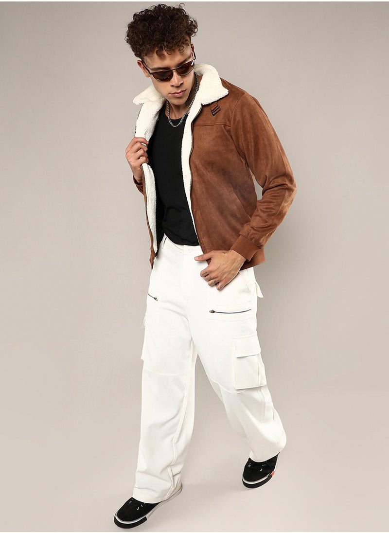 Men's Brown Zip-Front Jacket With Fleece Detail
