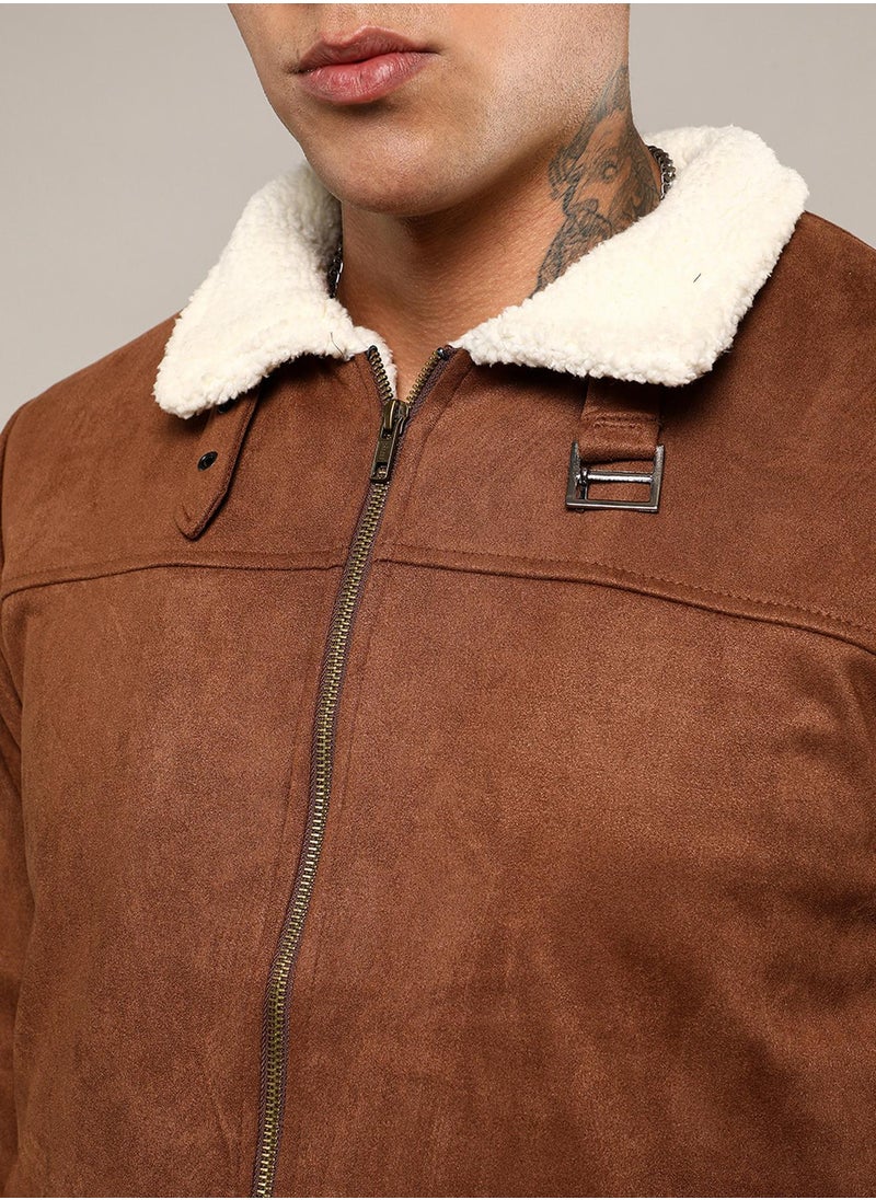 Men's Brown Zip-Front Jacket With Fleece Detail