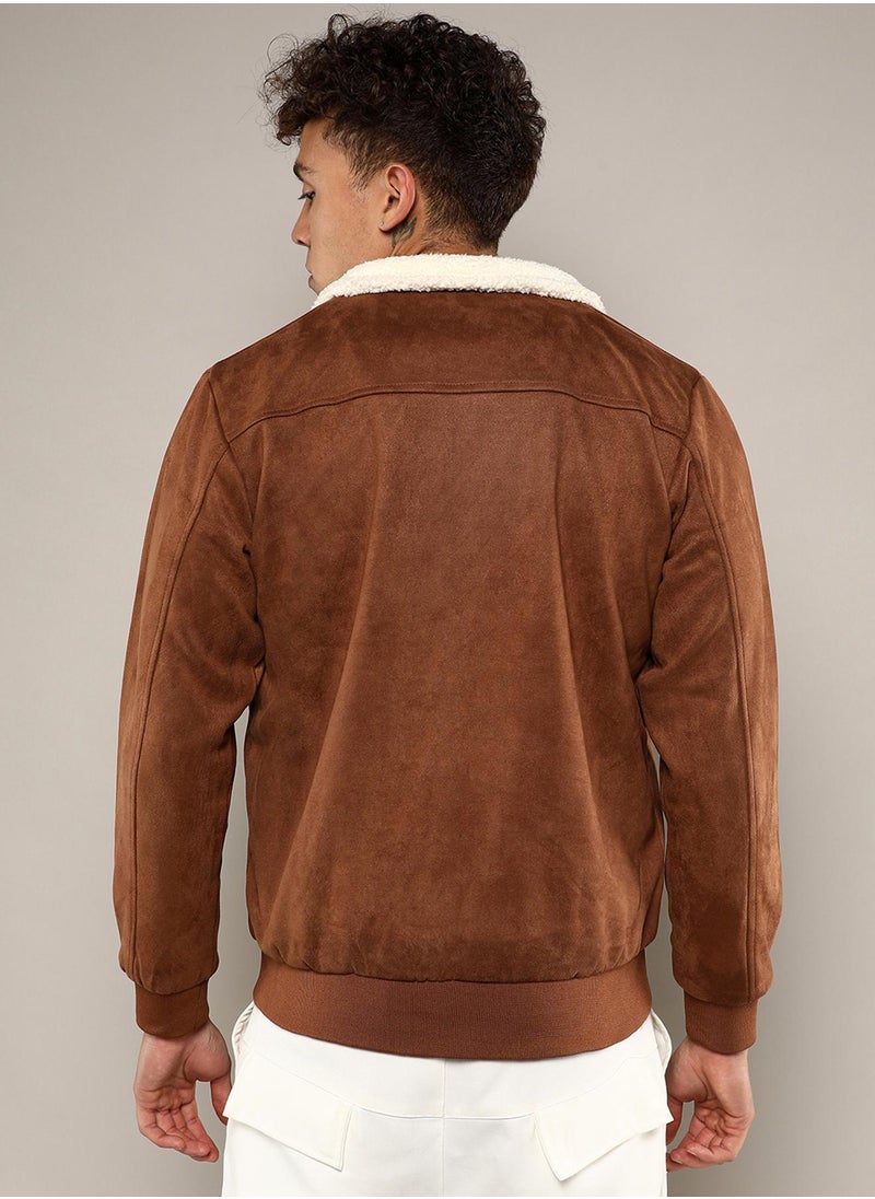Men's Brown Zip-Front Jacket With Fleece Detail