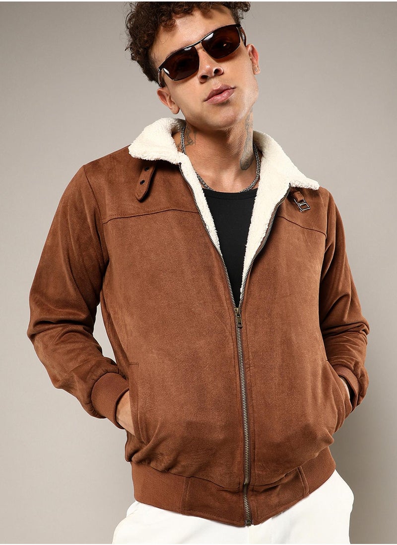 Men's Brown Zip-Front Jacket With Fleece Detail