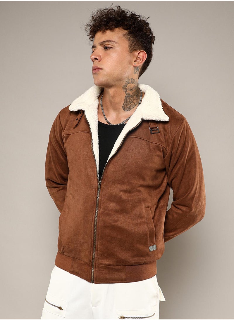 Men's Brown Zip-Front Jacket With Fleece Detail