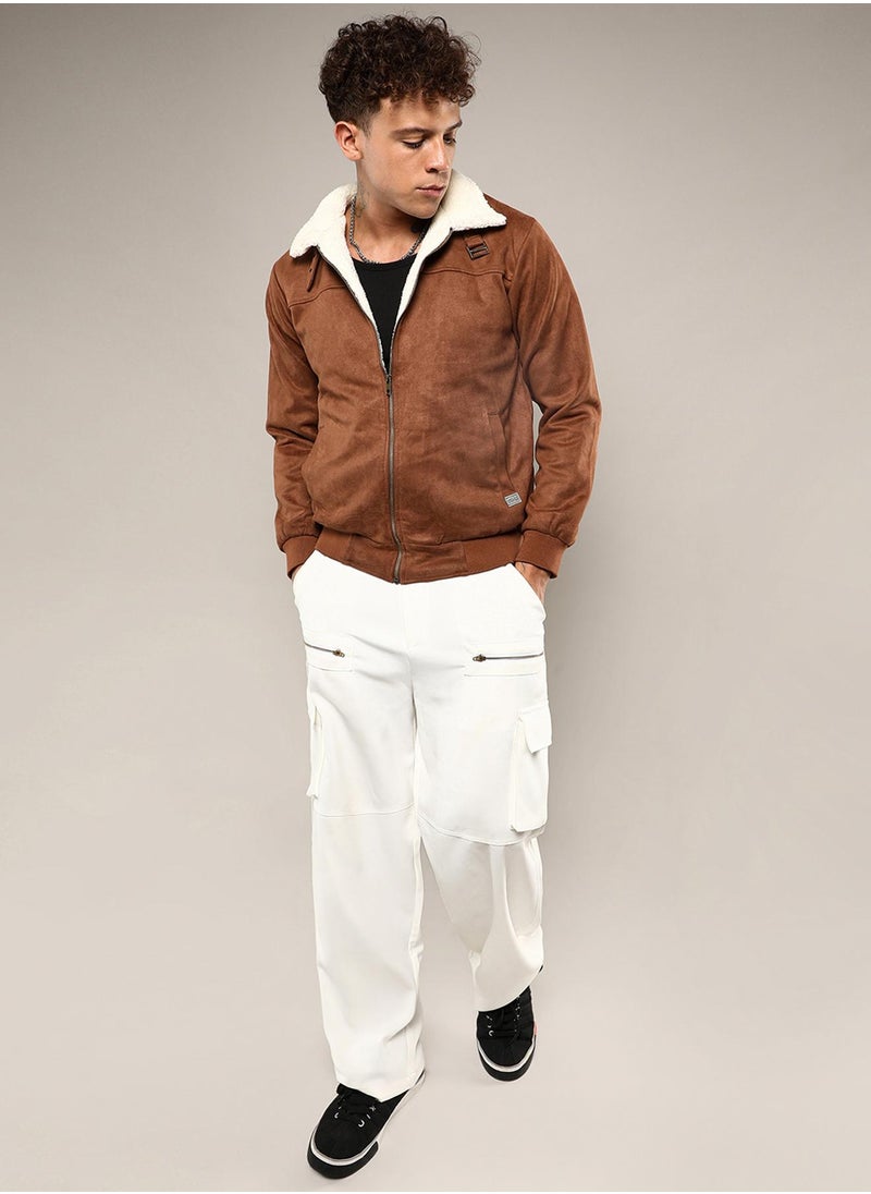 Men's Brown Zip-Front Jacket With Fleece Detail