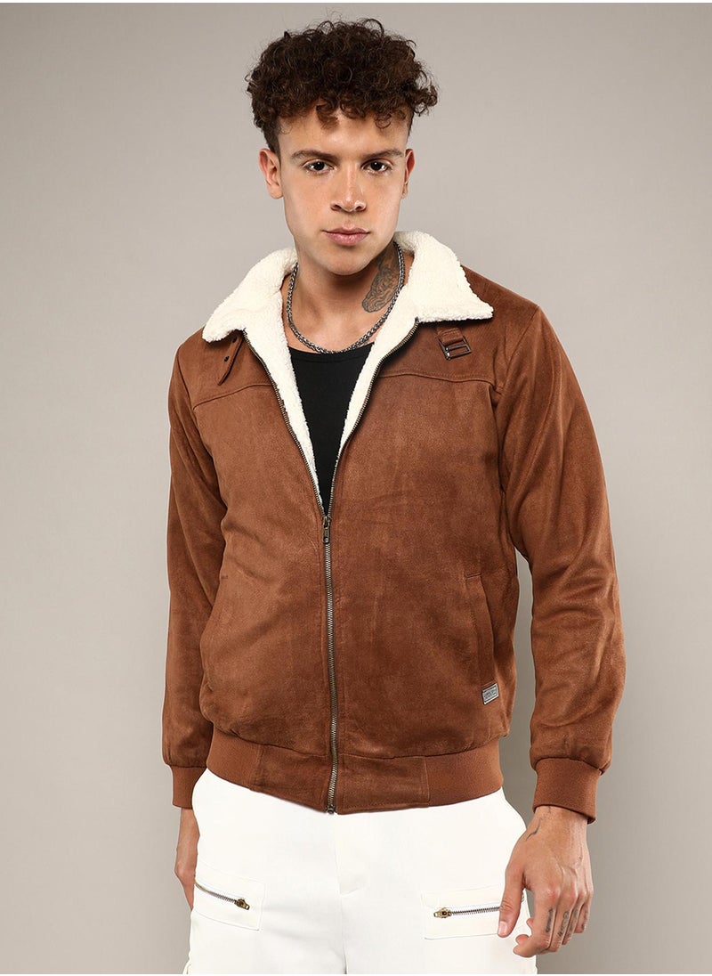 Men's Brown Zip-Front Jacket With Fleece Detail