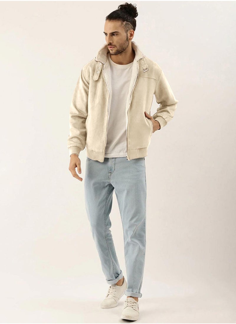 Men's Saltbox Beige Fur-Lined Suede Bomber Jacket