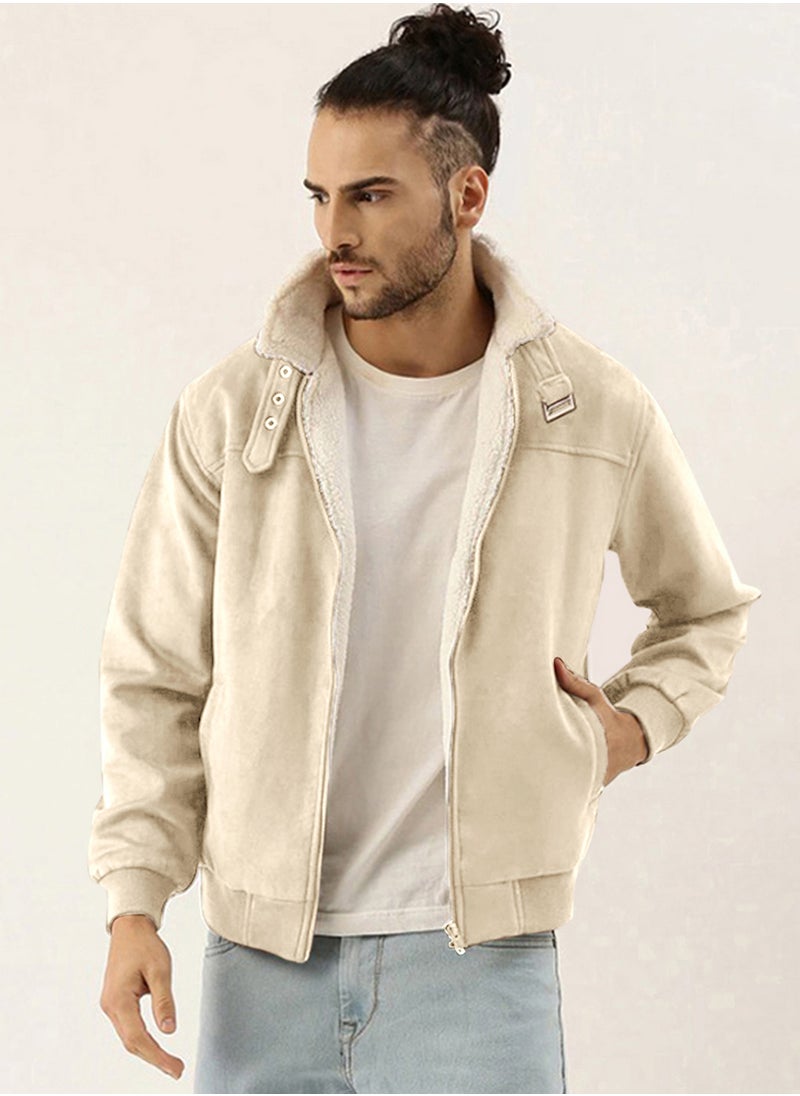 Men's Saltbox Beige Fur-Lined Suede Bomber Jacket