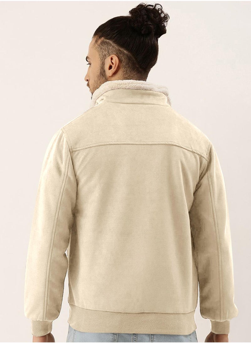 Men's Saltbox Beige Fur-Lined Suede Bomber Jacket