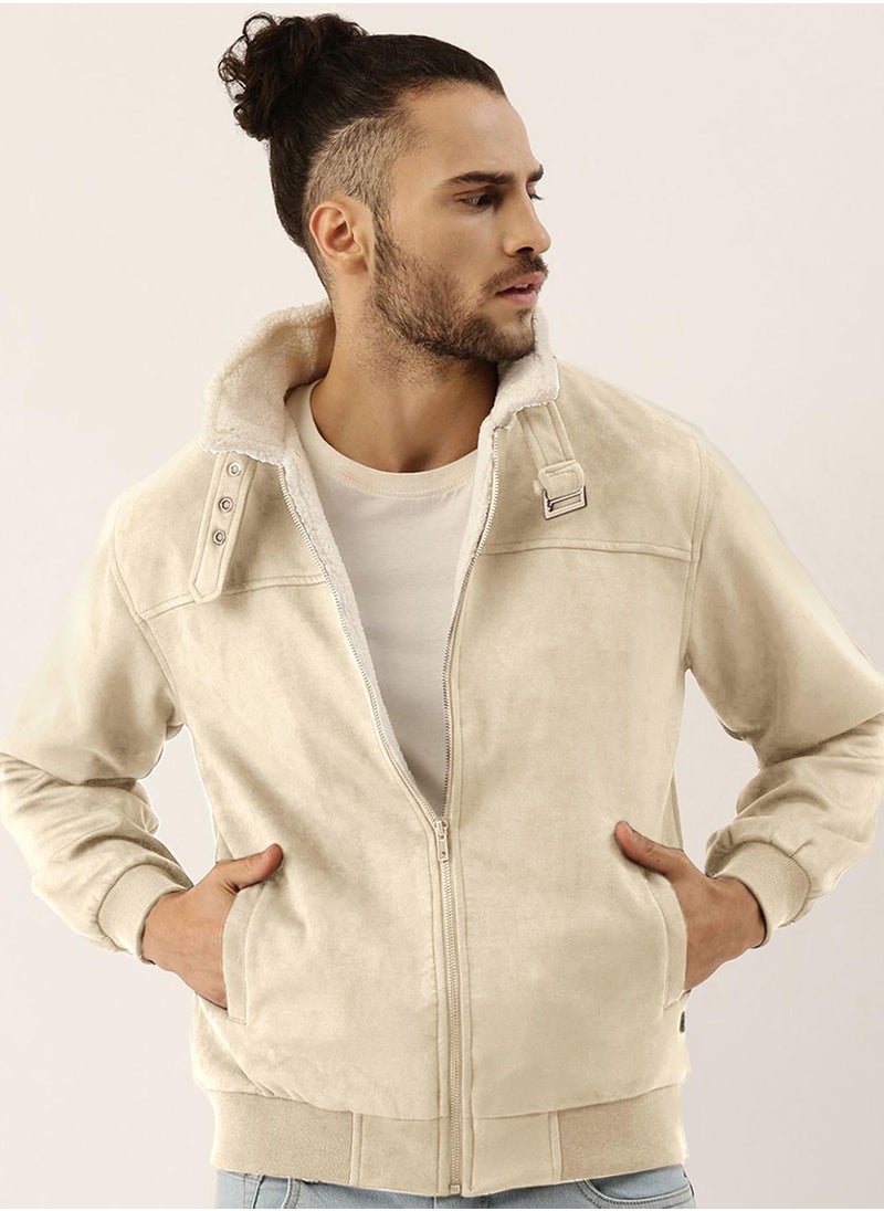 Men's Saltbox Beige Fur-Lined Suede Bomber Jacket