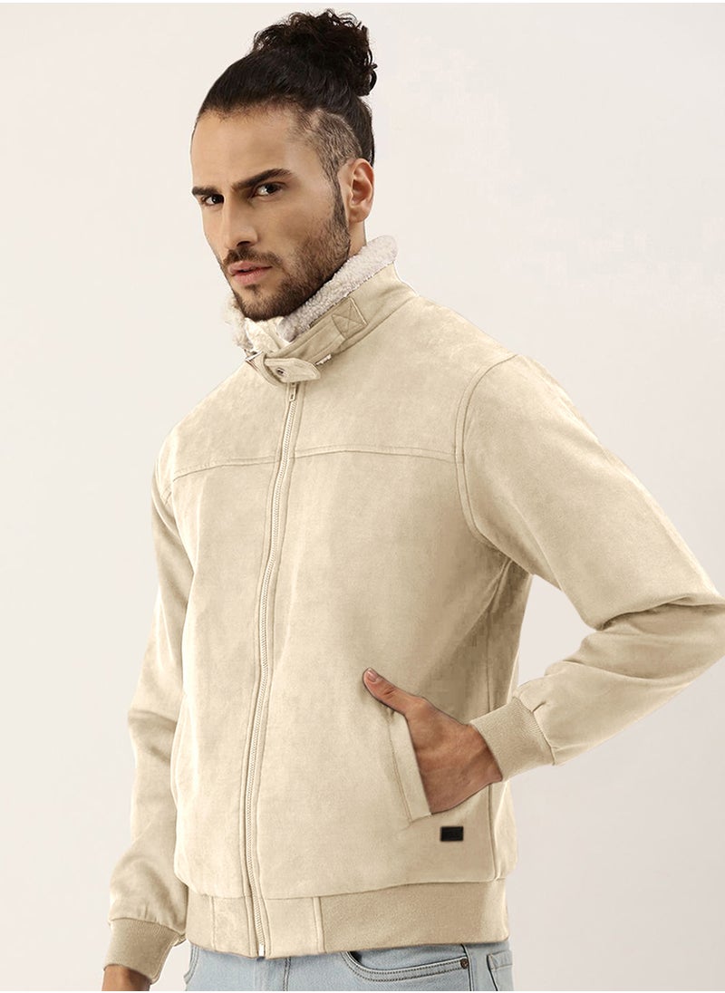 Men's Saltbox Beige Fur-Lined Suede Bomber Jacket
