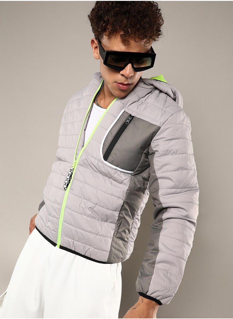 Men's Light Grey Puffer Jacket With Contrast Zipper