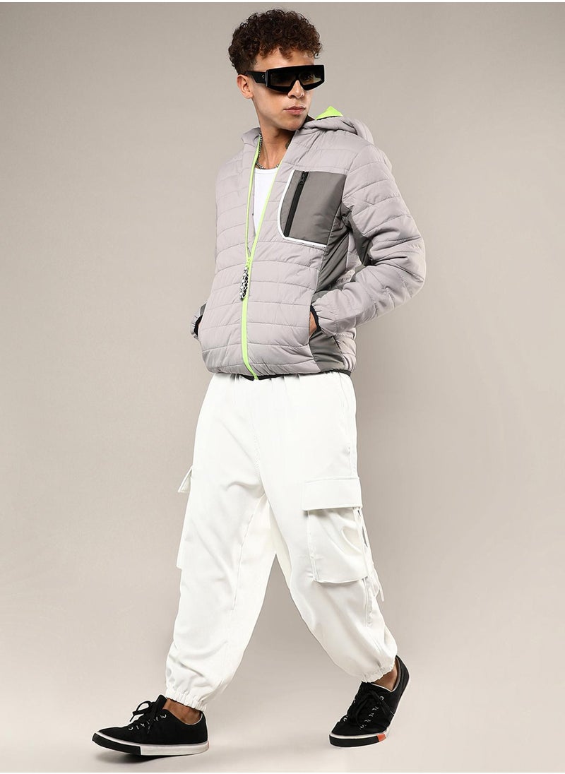 Men's Light Grey Puffer Jacket With Contrast Zipper