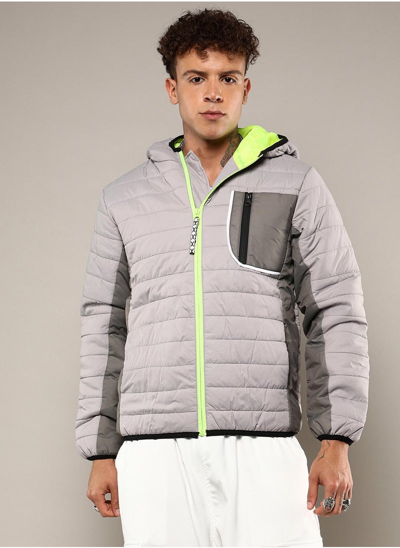 Men's Light Grey Puffer Jacket With Contrast Zipper