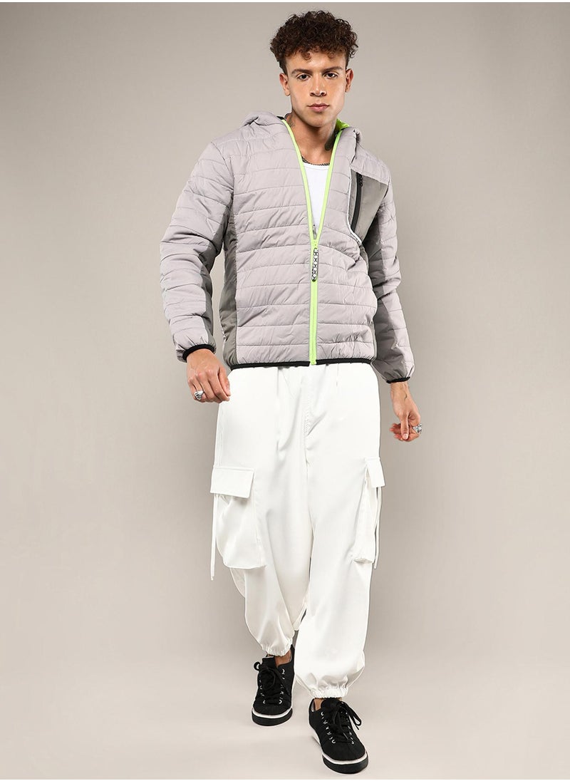Men's Light Grey Puffer Jacket With Contrast Zipper