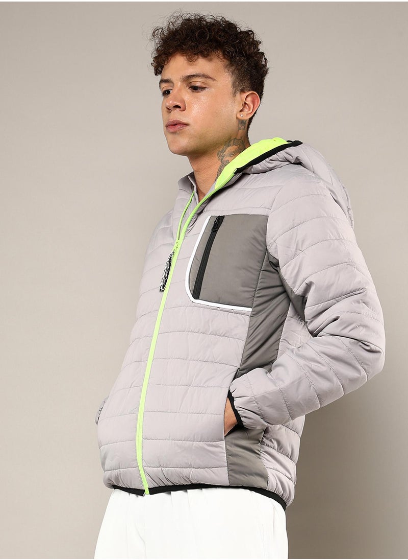 Men's Light Grey Puffer Jacket With Contrast Zipper