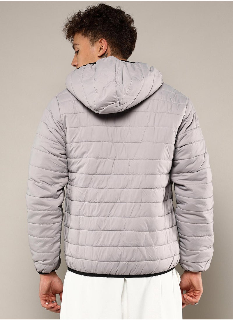Men's Light Grey Puffer Jacket With Contrast Zipper