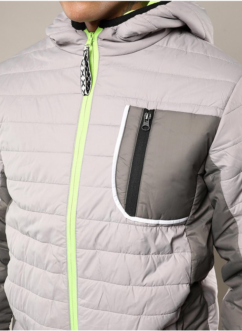 Men's Light Grey Puffer Jacket With Contrast Zipper