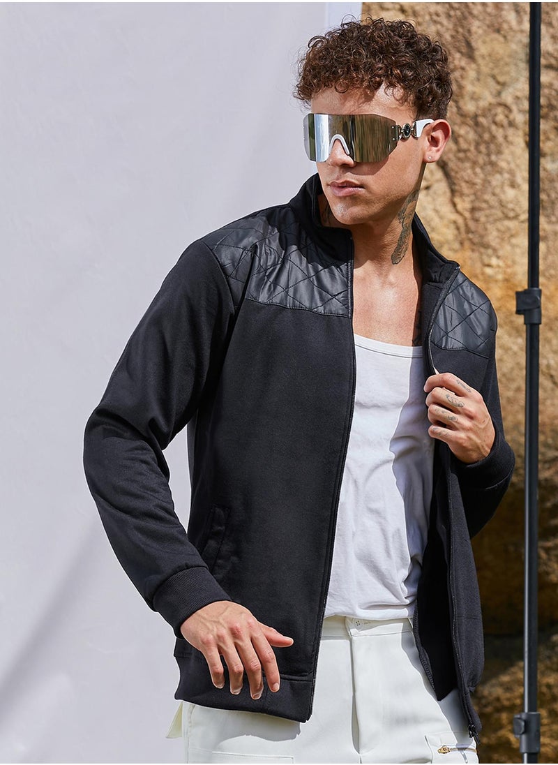 Men's Black Zip-Front Jacket With Quilted Detail